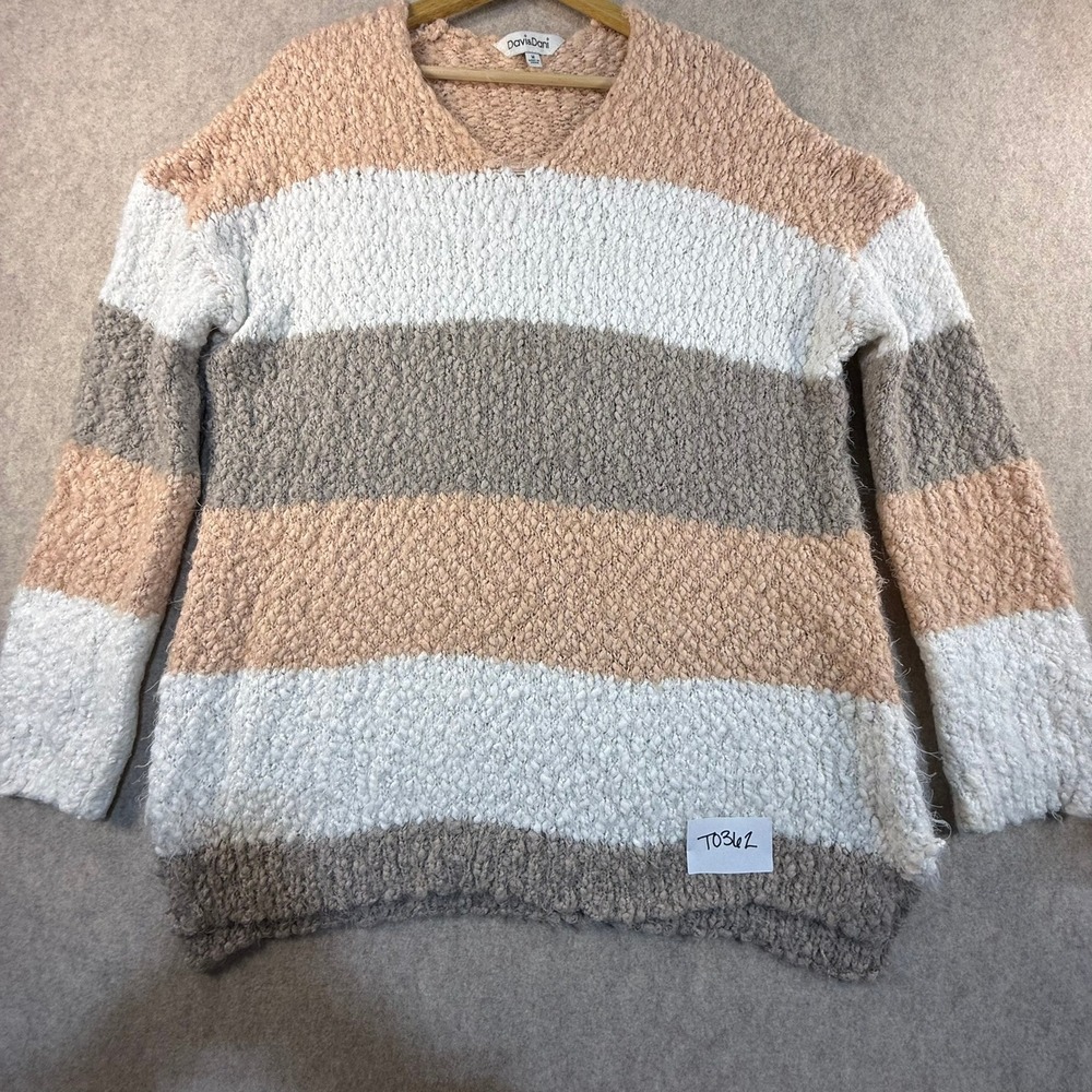 Davi & Dani Womens Popcorn Knit Striped V-Neck Sweater Neutral Tan Grey‎ Cream M